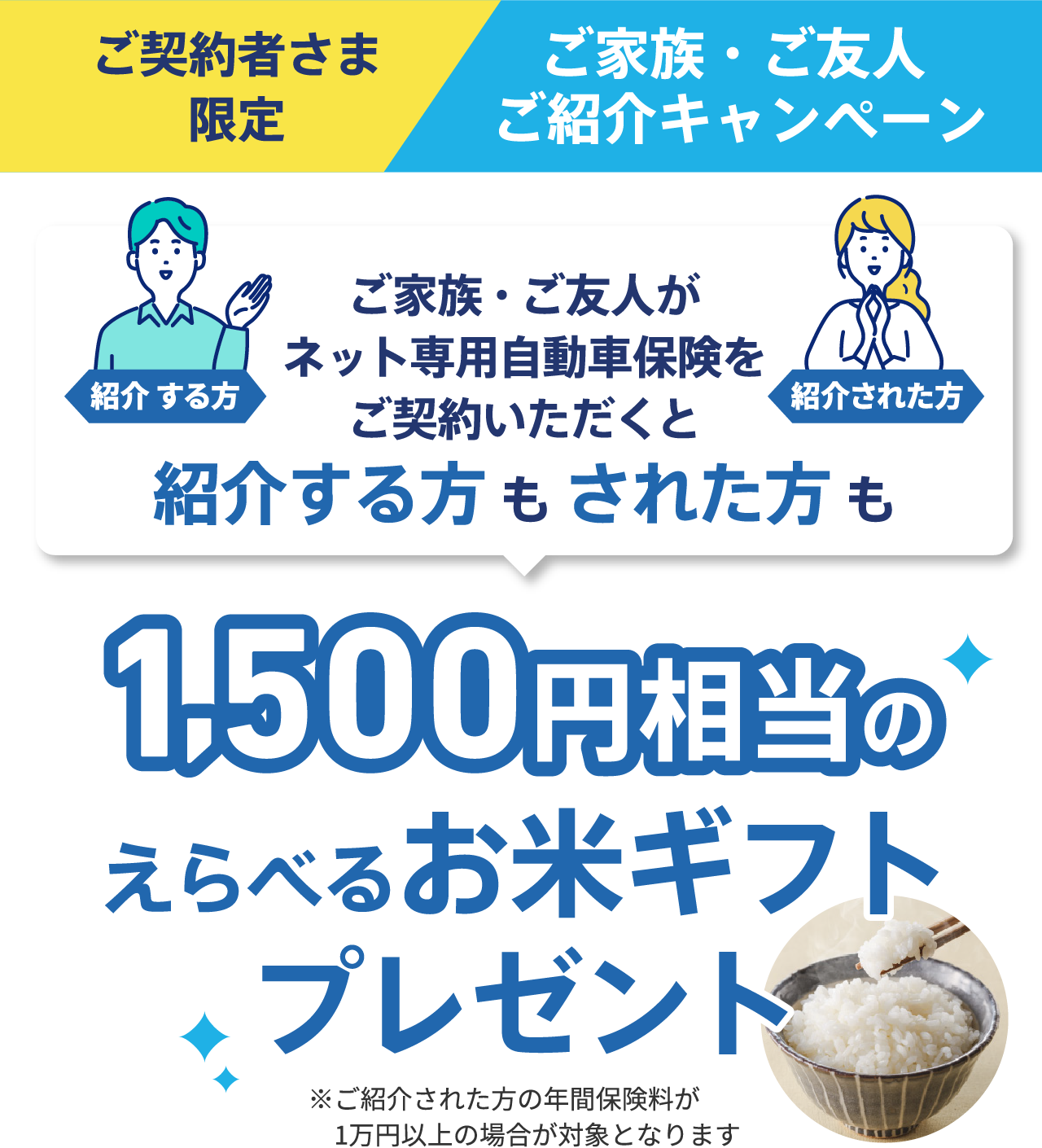 紹介する方と紹介された方の両方に、人気ブランド米など全国の米どころから厳選したお米が選べる お米ギフトプレゼント！